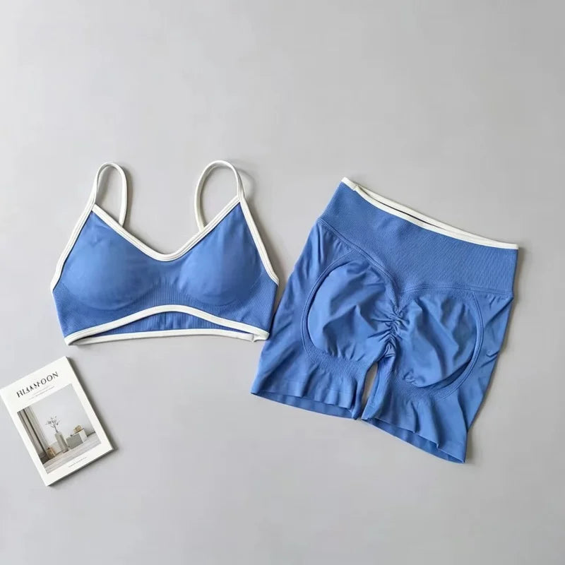 Women's Contrast Trim Bra And Shorts Yoga Set