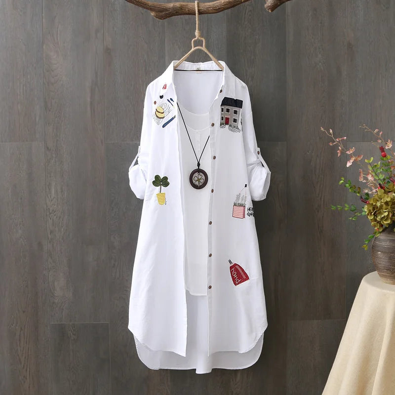 Women's Embroidered Longline Button Front Shirt