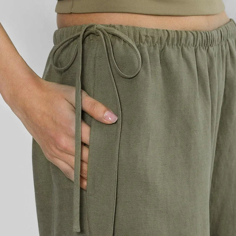 Women's Linen-Viscose Loose Straight-Leg Full-Length Pants with Drawstring Waist and Side Pockets