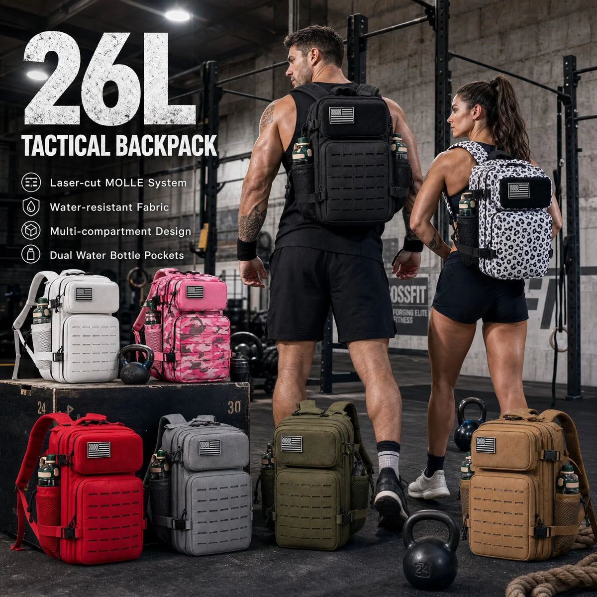 Tactical Travel Backpack with Front Webbing Panels and Side Bottle Pockets