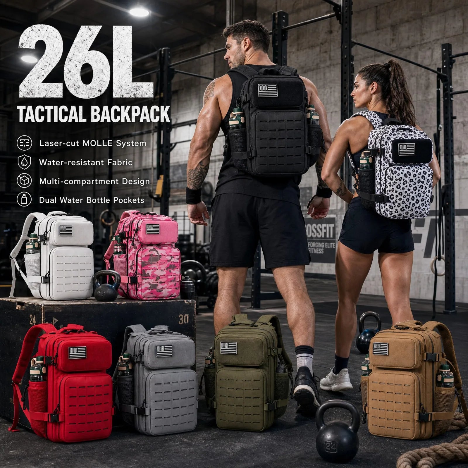 Tactical Travel Backpack with Front Webbing Panels and Side Bottle Pockets