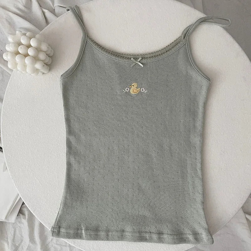 Women's Lace Trim Cotton Camisole with Bow Detail and Multiple Pattern Options