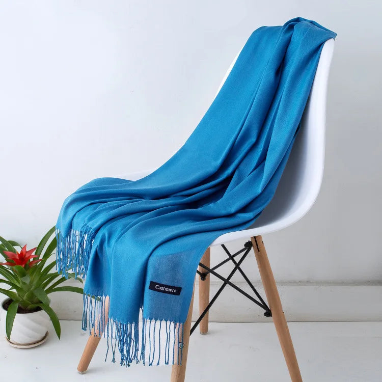 Solid Long Rectangular Scarf with Fringed End Trim