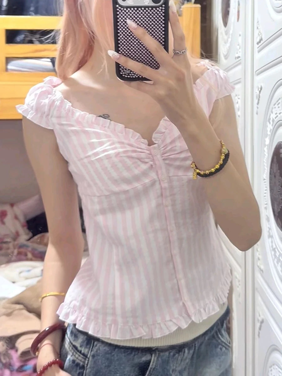 Women's Ruffled Cotton Sleeveless Blouse with Button Front and Mixed Pattern Options