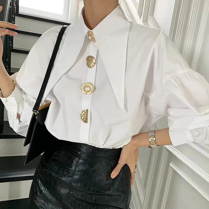 Women's Cropped Puff Sleeve Statement Button Blouse