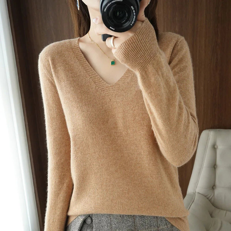 Women's V Neck Long Sleeve Sweater Casual Knit Layer