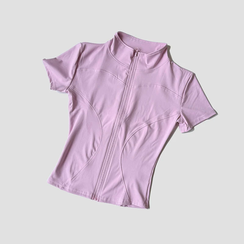 Women’s Slim Fit Short Sleeve Yoga Top with Stand Collar Zip Front
