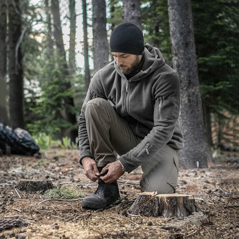 Winter Tactical Fleece Hoodie Jacket Men Warm Outdoor Sport Hooded Coat Multi-Pocket Casual Full Zip Hiking Jacket