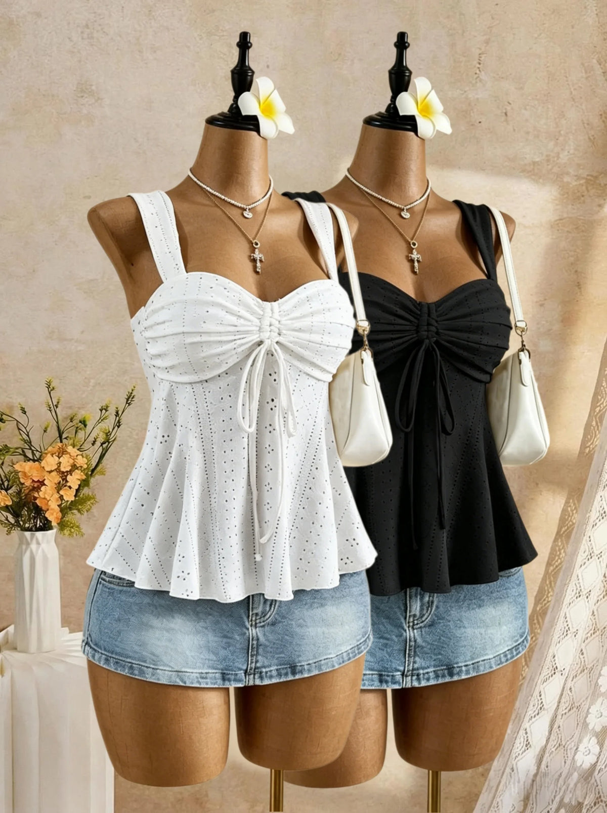 Women's Ruched Polyester Blend Peplum Camisole with Sweetheart Neck and Bow