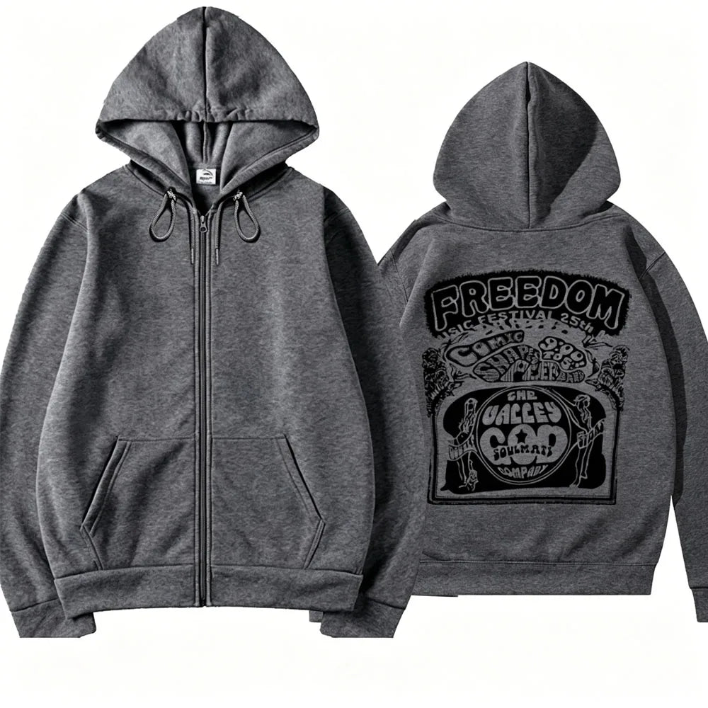 Back Graphic Long Sleeve Full Zip Casual Hoodie