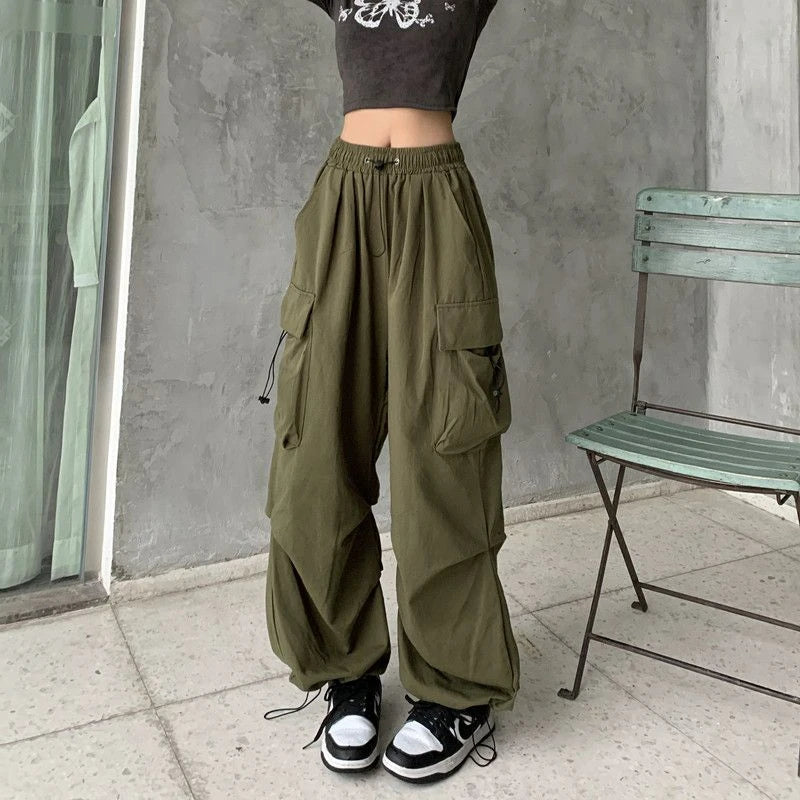 Women's Parachute Cargo Pants with Drawstring Waist and Side Pockets