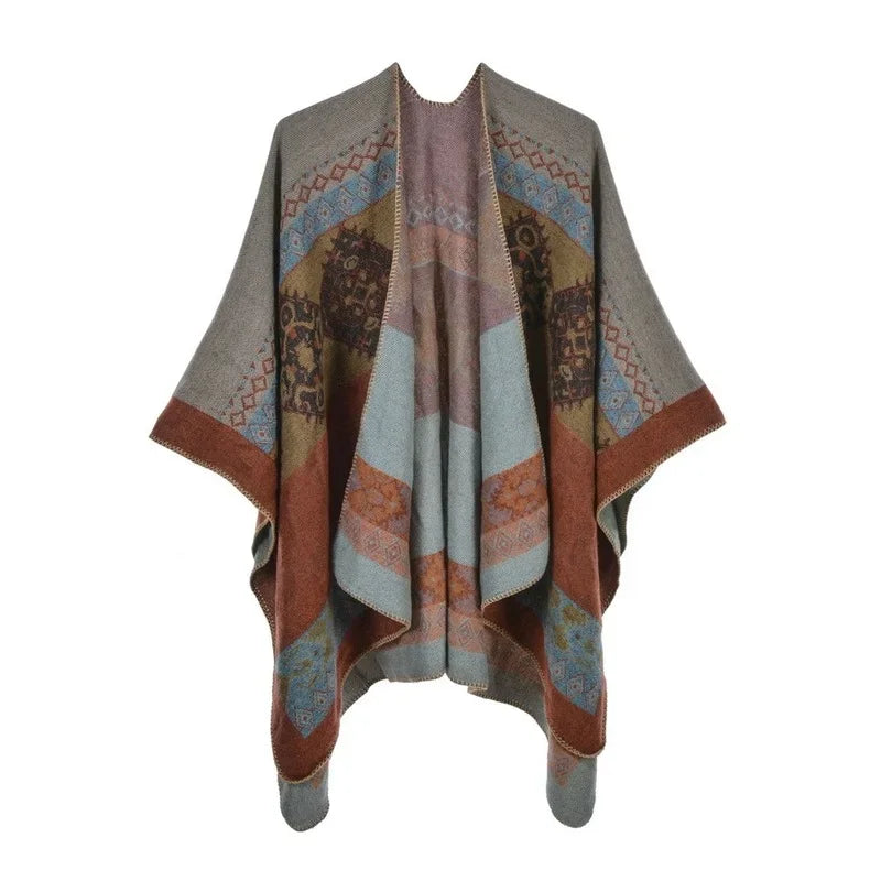 Patterned Fringed Open Front Poncho for Layering over Outfits
