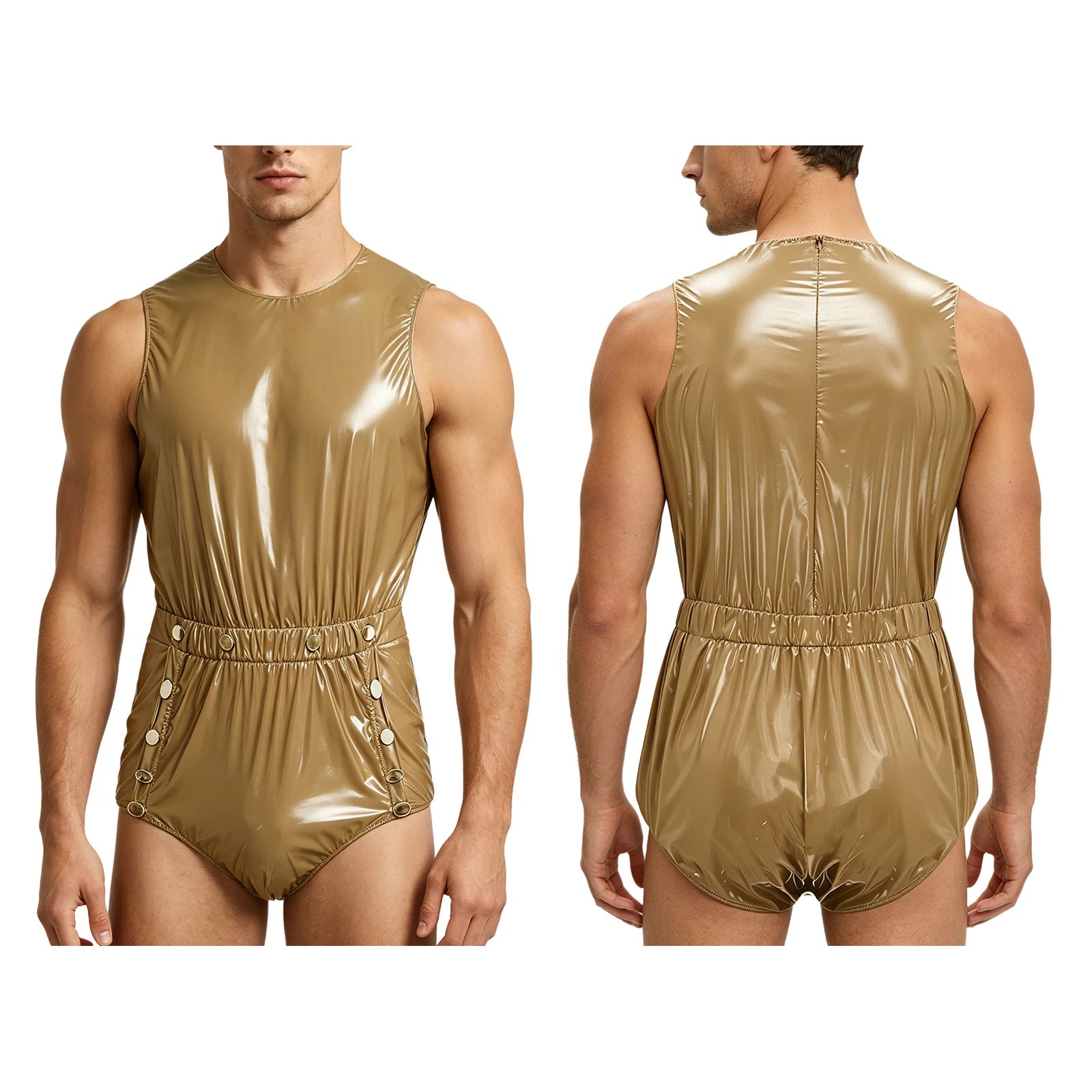 Men's One-Piece Swimsuit with Back Zipper and Crotch Button Details