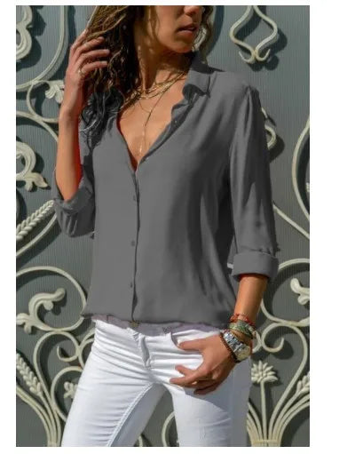 Women's Collared Roll Sleeve Button Front Shirt