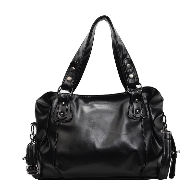 Pleated Shoulder Handbag with Rivet Details and Carry Handles