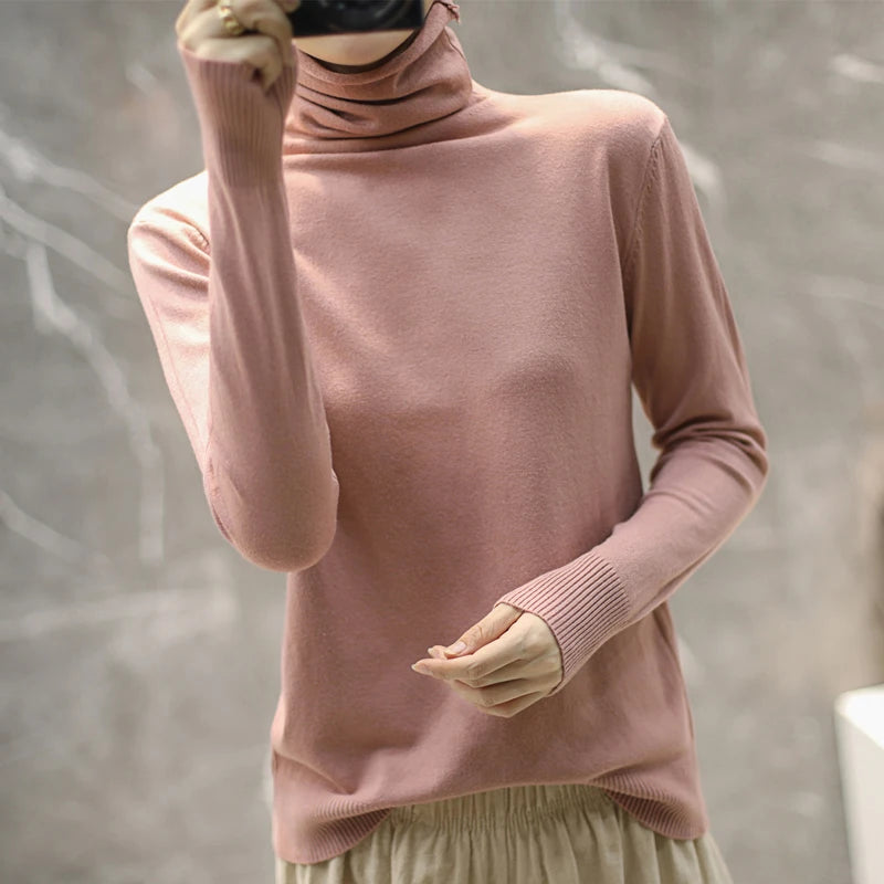 Women's Fitted Roll Neck Long Sleeve Sweater Casual Knit Layer