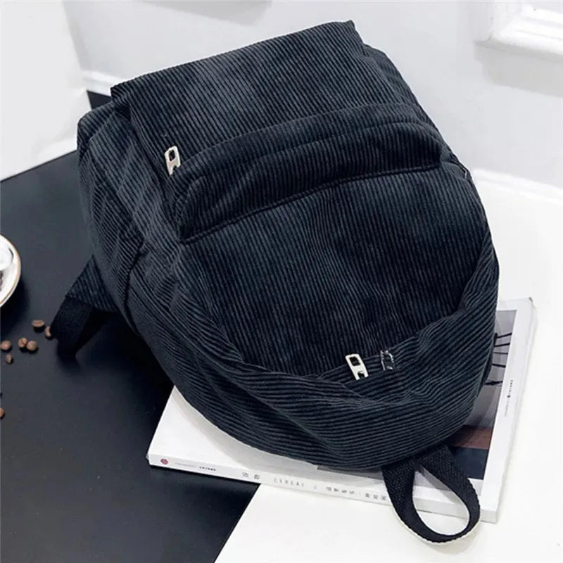 Casual Corduroy Backpack with Front Pocket and Twin Shoulder Carry Straps