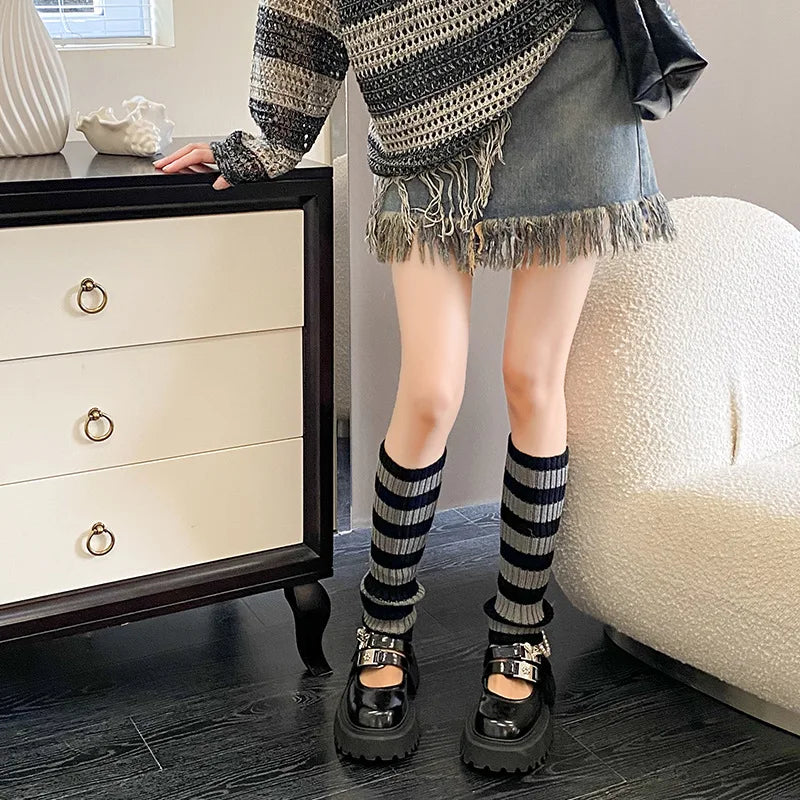 Striped Knit Calf Leg Warmers with Slouchy Shape