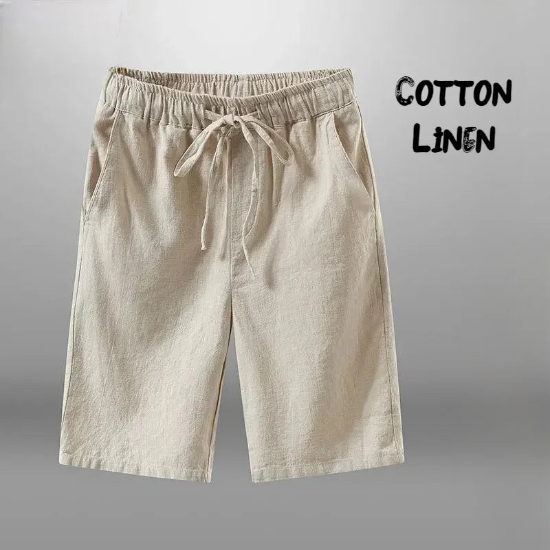 Men’s Cotton-Linen Knee-Length Drawstring Shorts with Pockets and Regular Fit