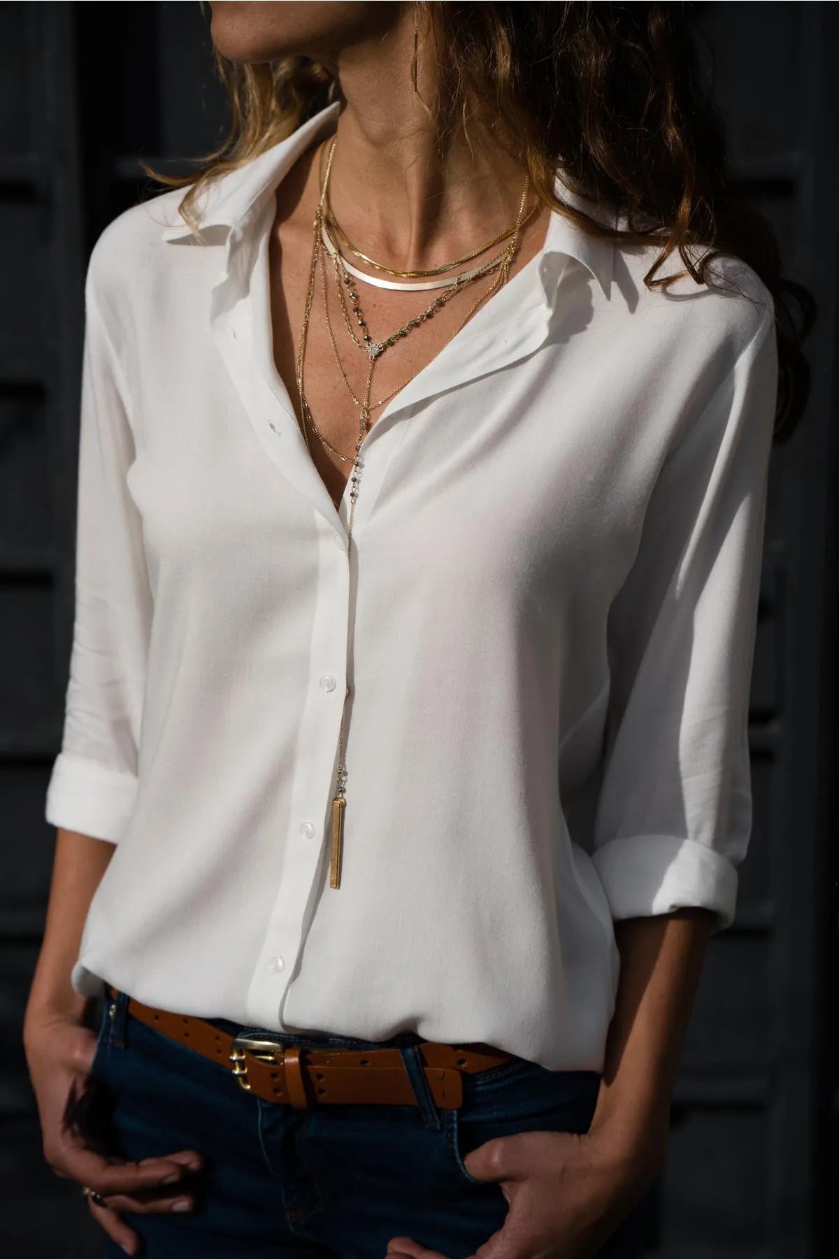 Women's Collared Roll Sleeve Button Front Shirt