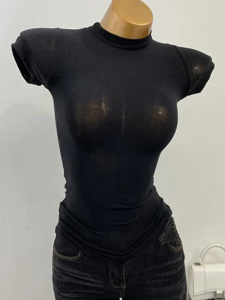 Sheer Mock Neck Short Sleeve Fitted Casual T Shirt