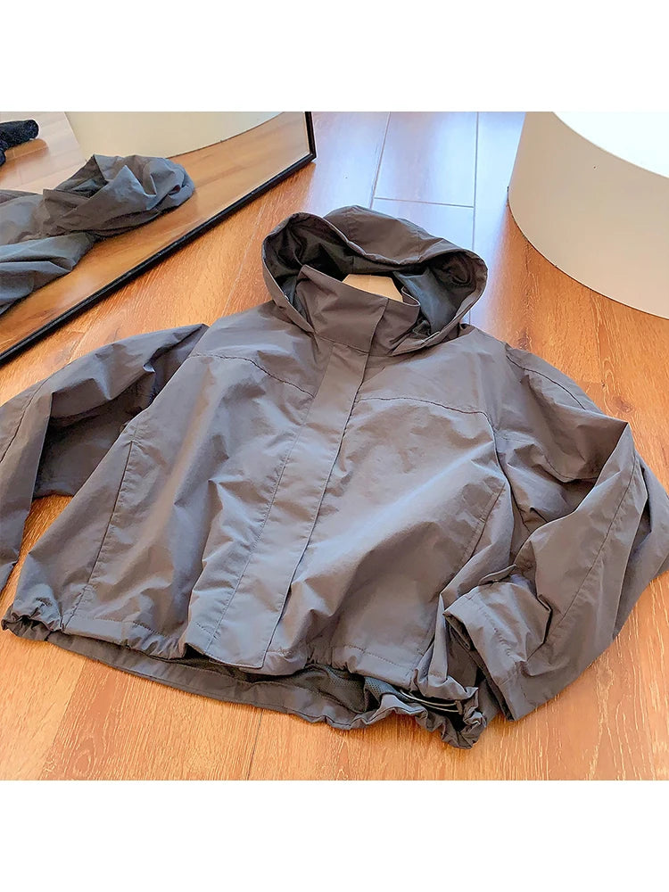 Women's Hooded Zip Front Drawstring Hem Jacket for Layered Outfits