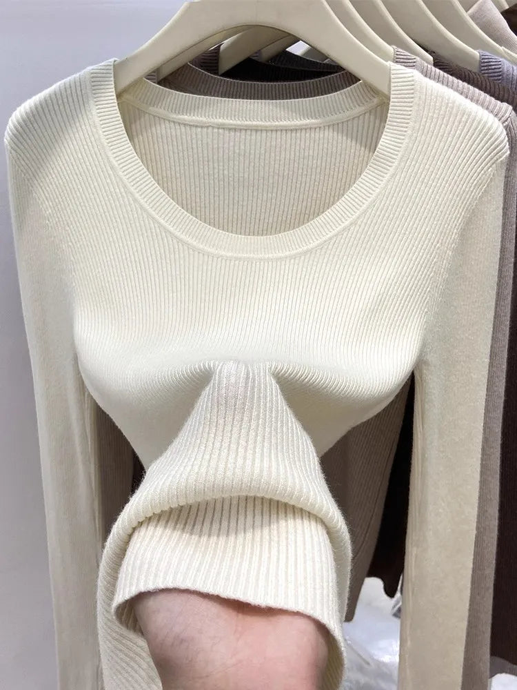 Women's Scoop Neck Ribbed Long Sleeve Sweater Casual Knit Layer