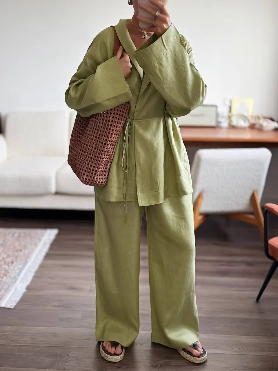 Women's Wrap Top and Wide Leg Pants Clothing Set