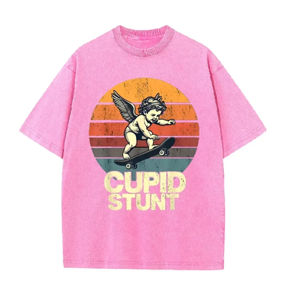 Retro Beige  Cupid Stunt  Skate Graphic Acid Wash Oversized Tee