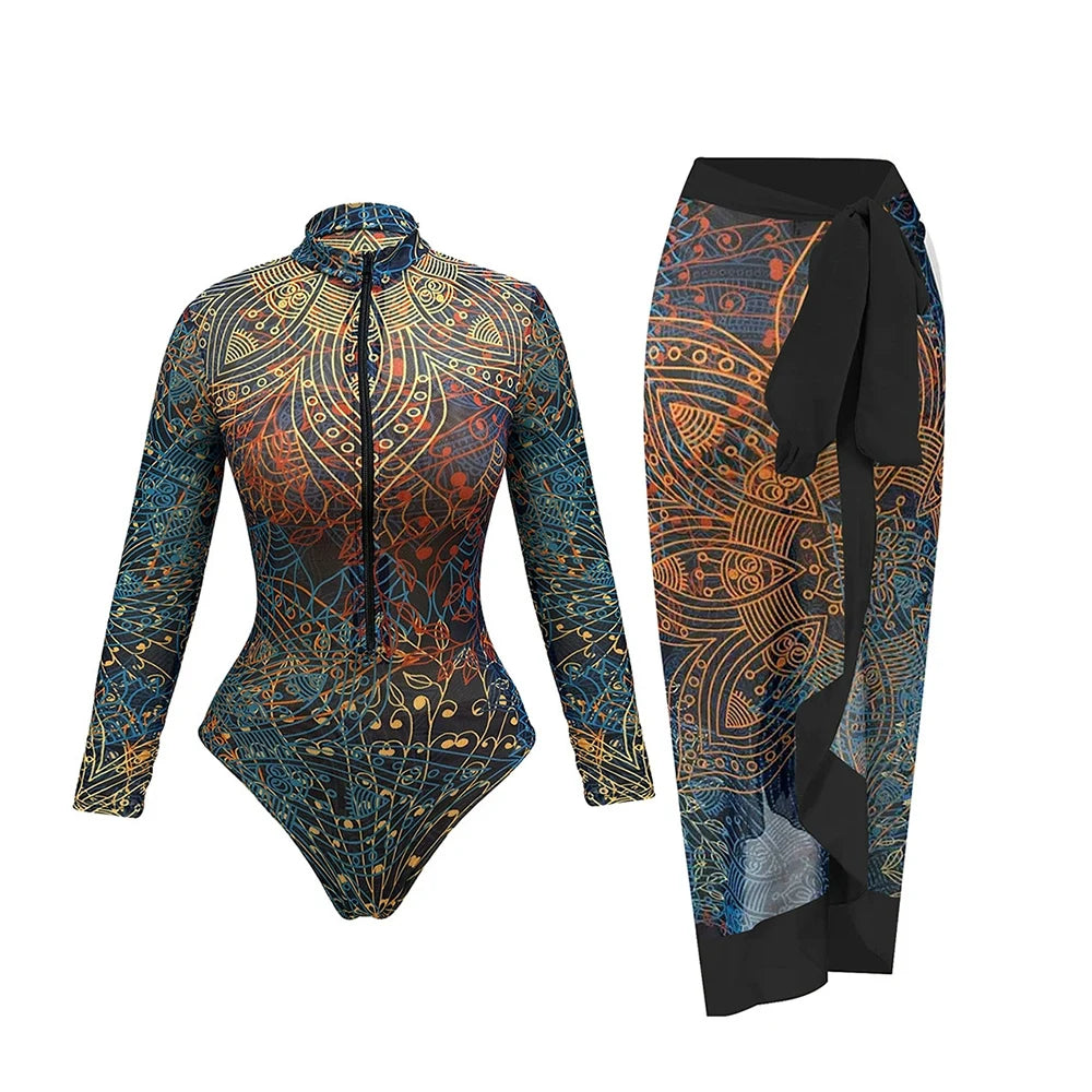 Printed Long Sleeve Swimsuit with Matching Skirt