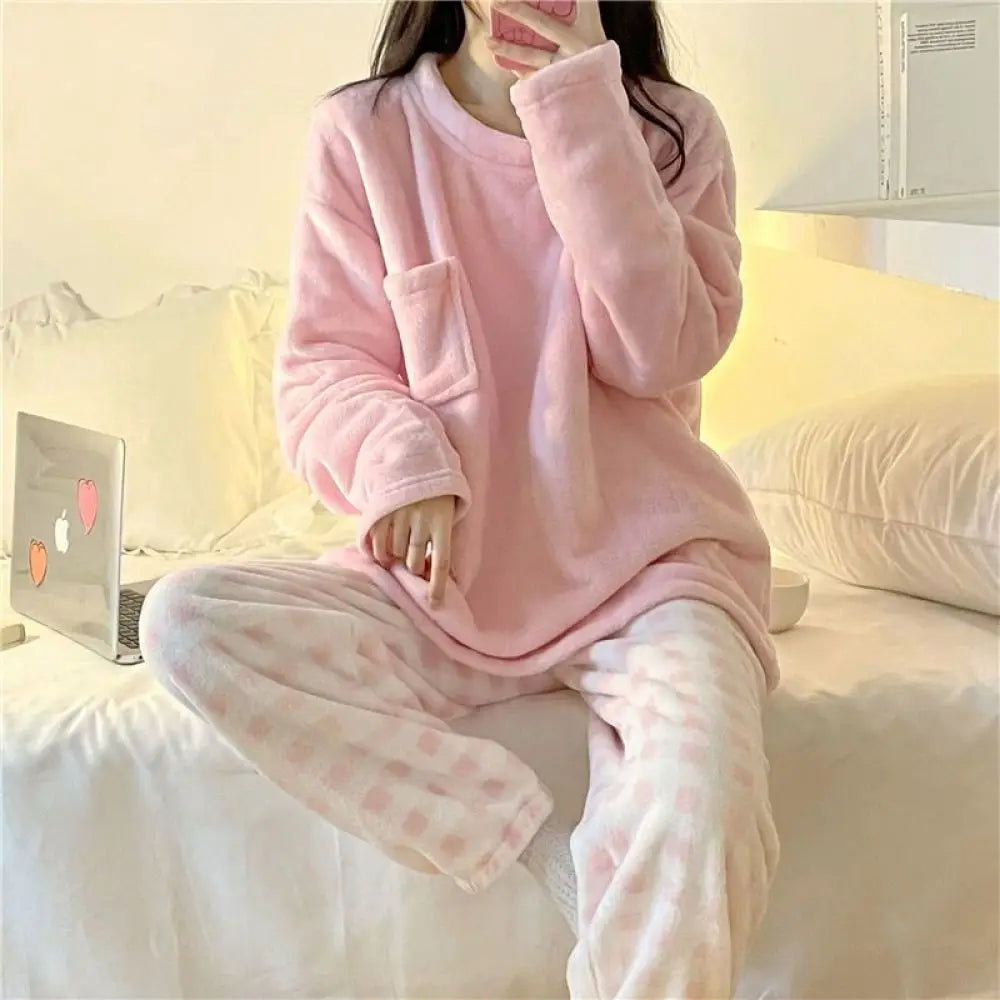 Women's Long Sleeve Plaid Bottom Pajama Set with Top and Pants