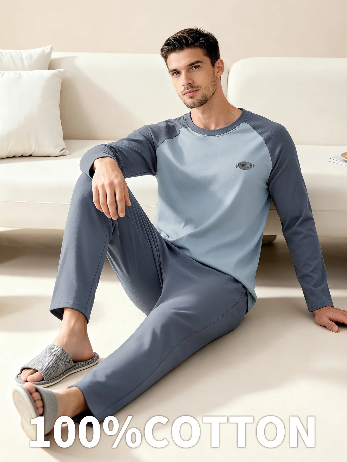Men's Raglan Long Sleeve Top and Pants Pajama Set