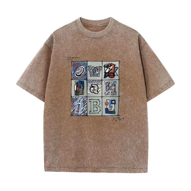 Retro Abstract Alphabet Art T Shirt Picasso Inspired Print Washed Casual Streetwear