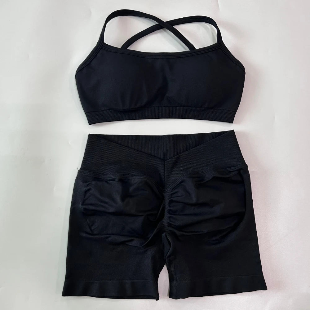 Women's Cross Strap Bra And Shorts Yoga Set