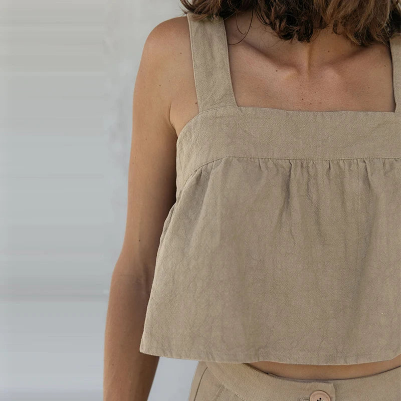 Women's Cotton-Linen Sleeveless Cropped Camisole Top with Button Detail for Summer Outfits