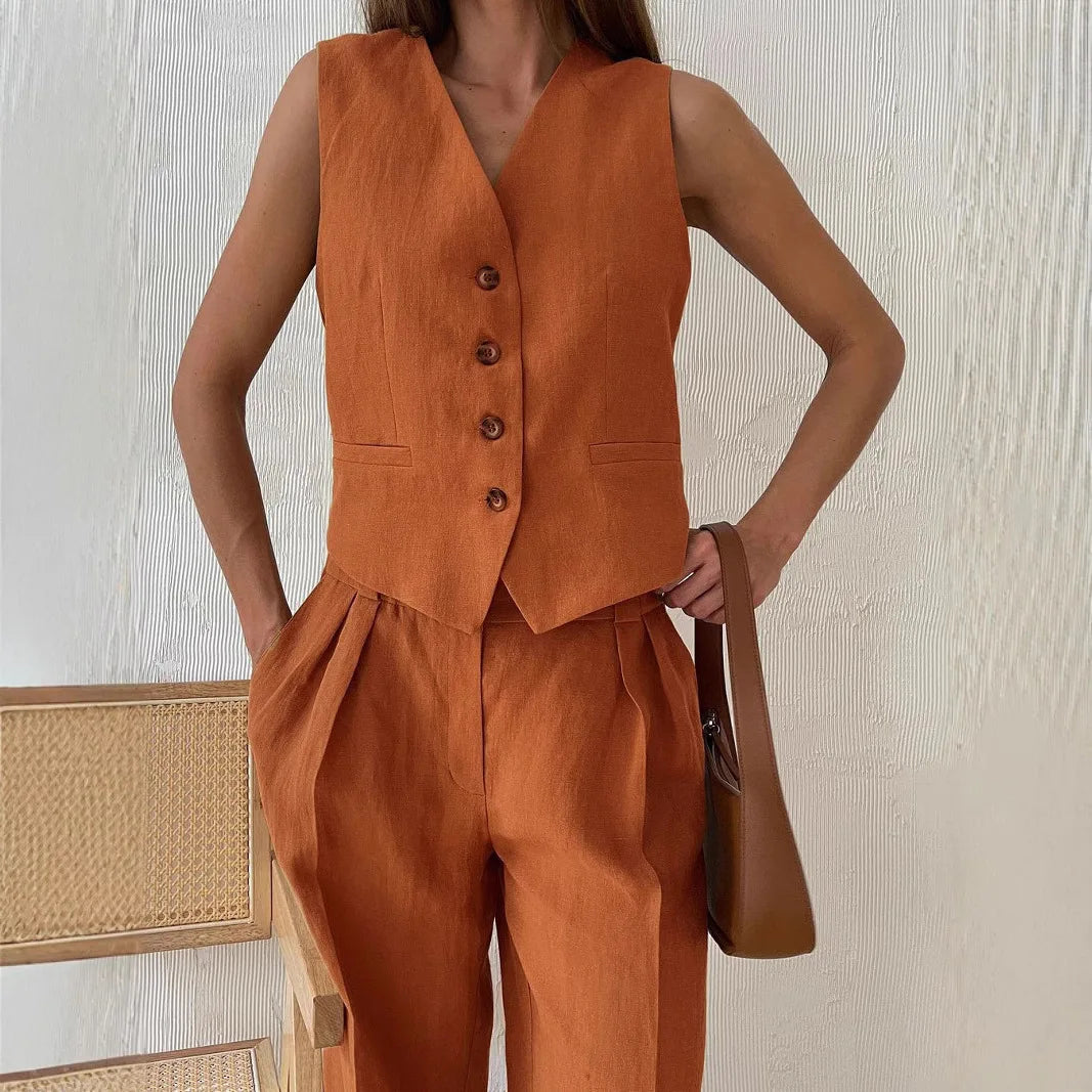 Women's Button Front Vest and Wide Leg Pants Set