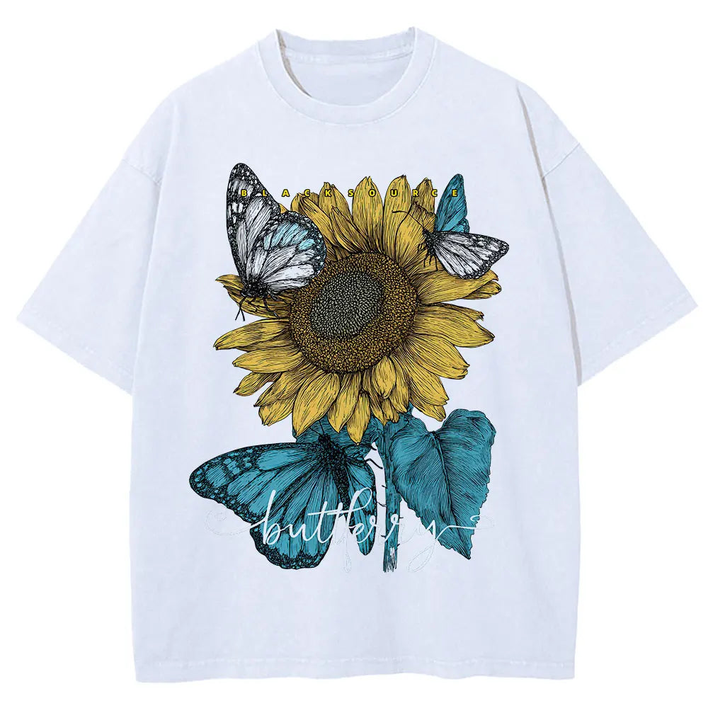 Sunflower Butterfly Print Cotton Oversized T-Shirt Women Summer