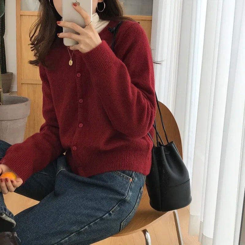 Women's Crew Neck Button Front Cardigan Casual Knit Layer