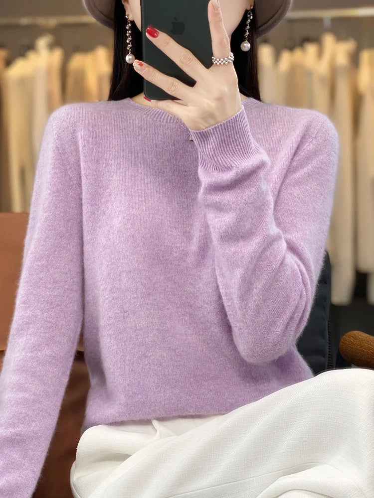 Women's Fluffy Round Neck Long Sleeve Sweater Casual Knit Layer