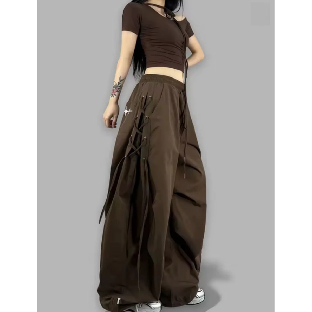 Women's Wide Leg Cargo Pants with Hanging Side Strap Details