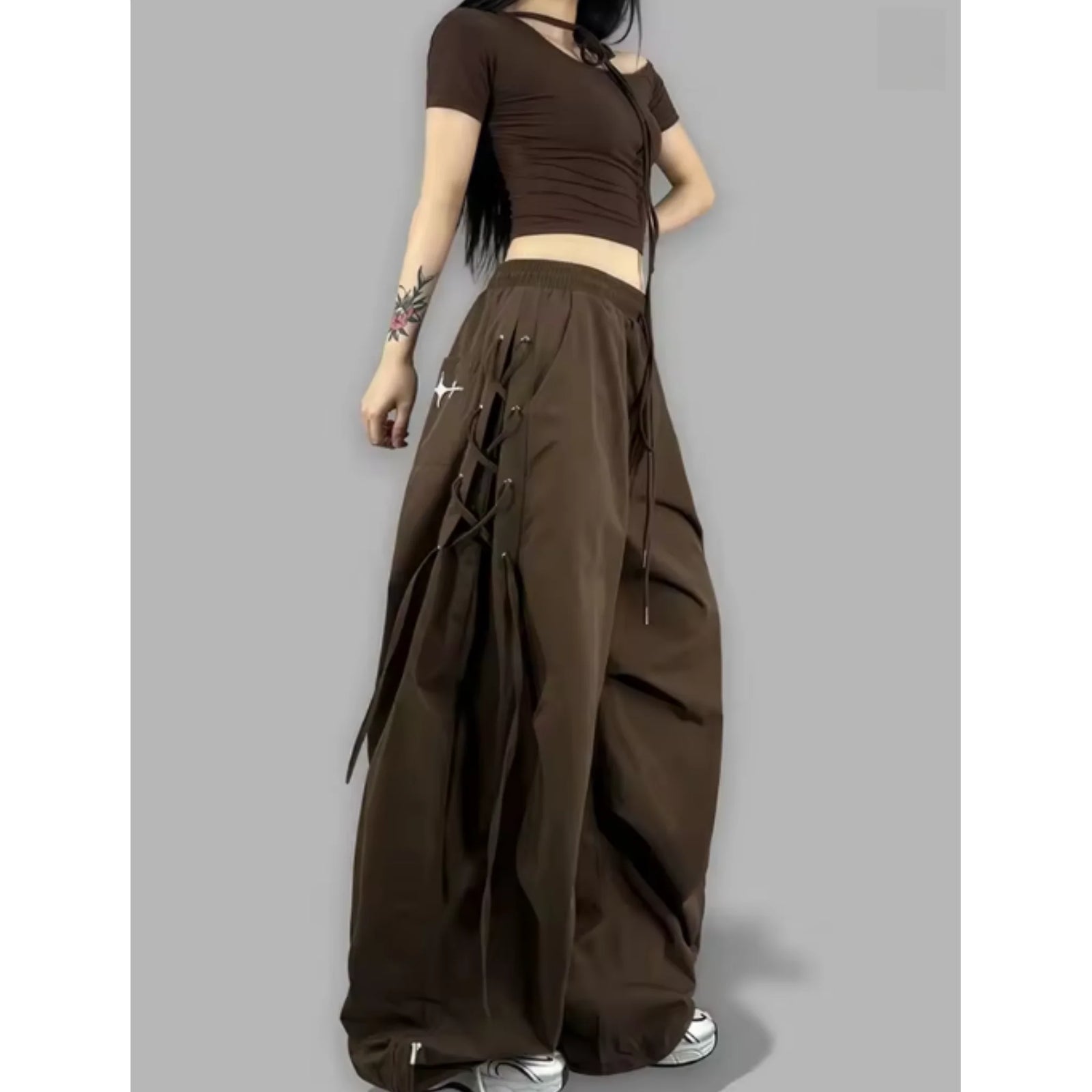 Women's Wide Leg Cargo Pants with Hanging Side Strap Details