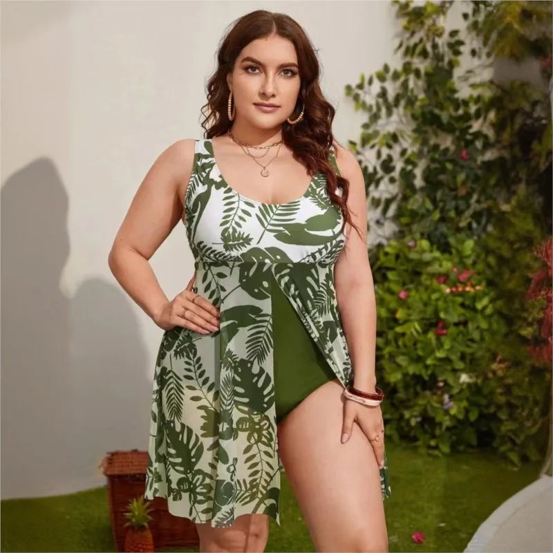 Women's Printed Scoop Neck Swimdress with Side Tie Skirt Overlay