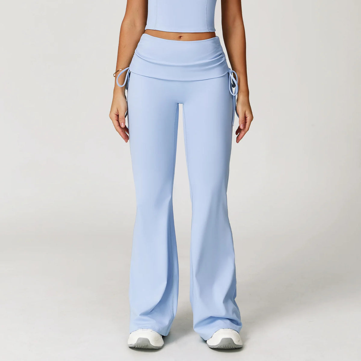 Women's Ruched Skirt Overlay Nylon Blend Flared Pants with Side Drawcords