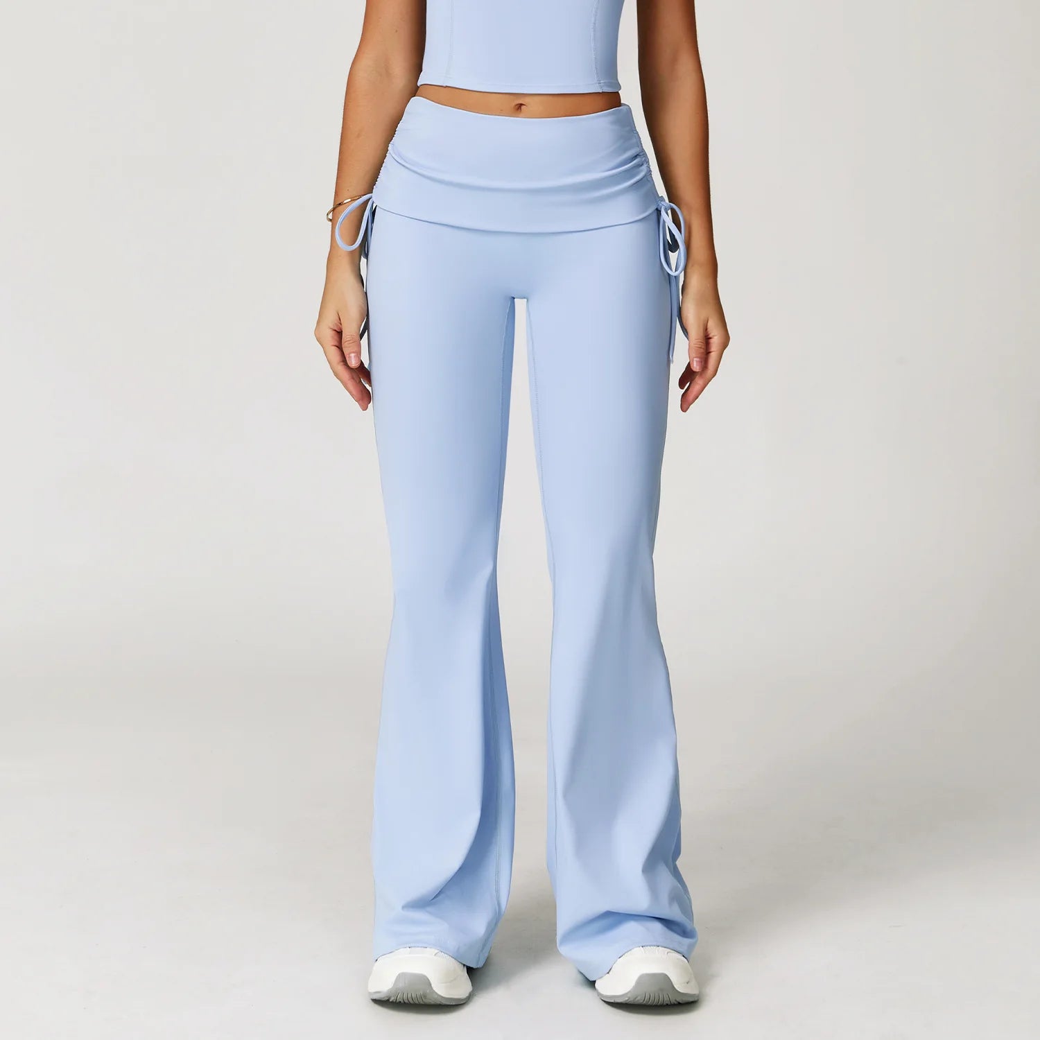 Women's Ruched Skirt Overlay Nylon Blend Flared Pants with Side Drawcords