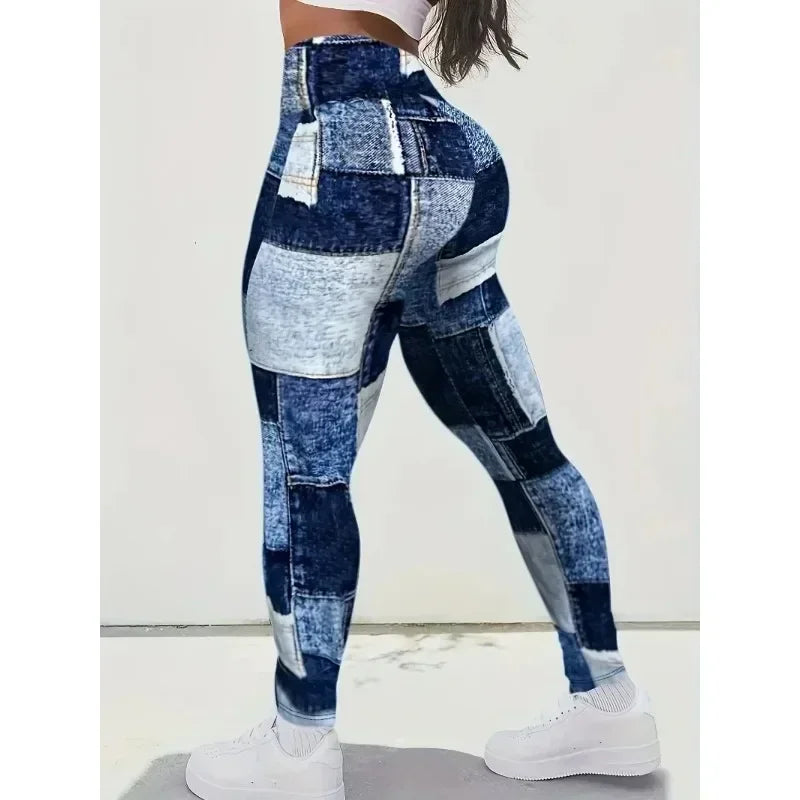 High Waist Full Length Denim Print Fitted Casual Leggings
