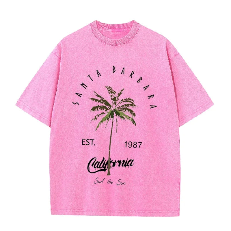 Vintage Palm Tree Print T Shirt Santa Barbara Retro Washed Cotton Tee