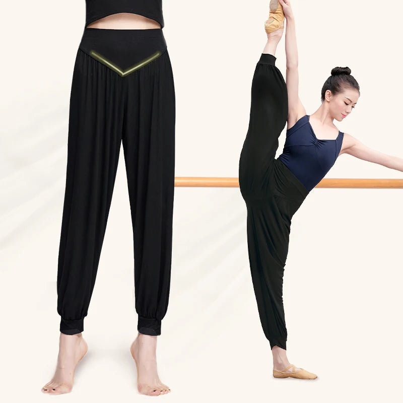 Women's High Waist Cotton Blend Dance Pants with Loose Legs and Length Options