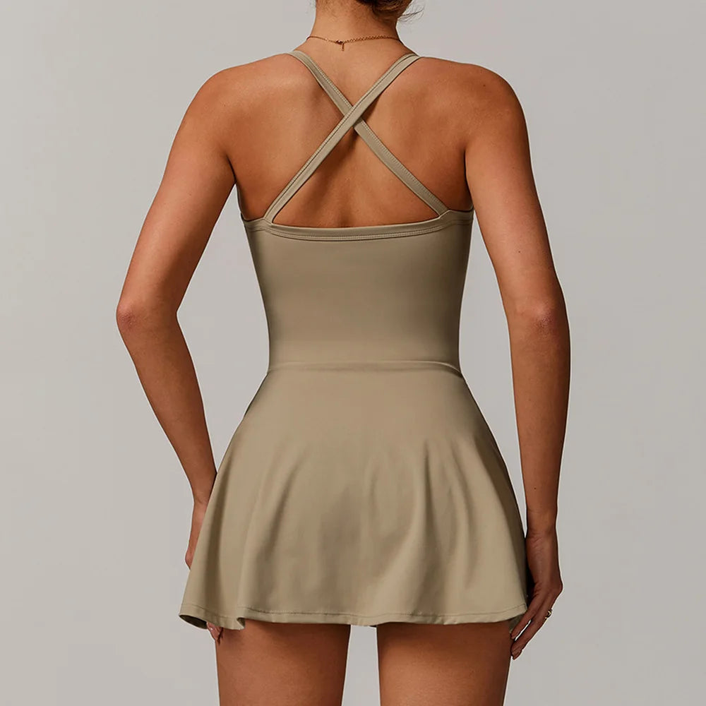 Women's Cross Back Nylon Blend Athletic Dress with Wrap Skirt Overlay