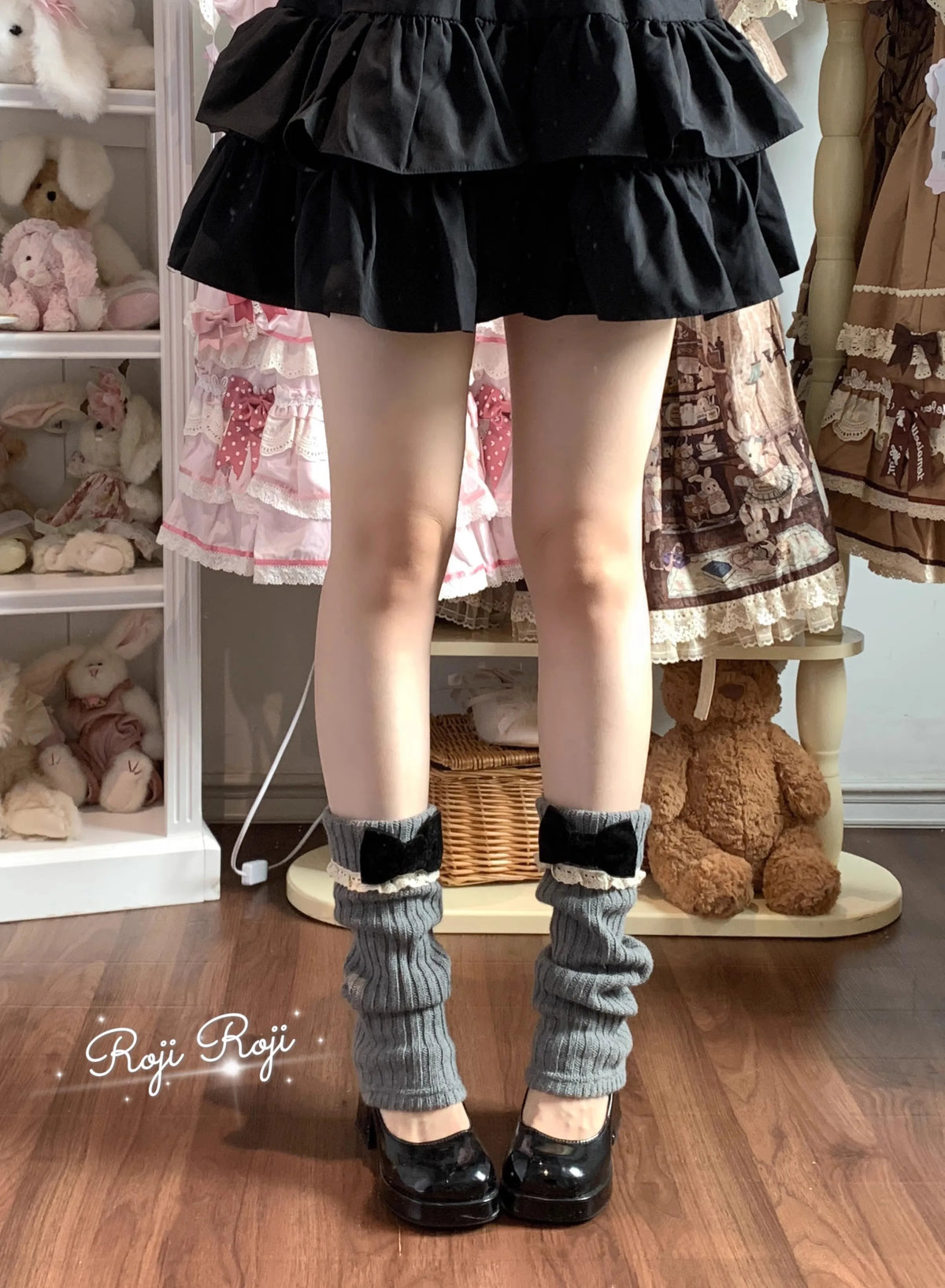 Ribbed Leg Warmers with Decorative Lace and Bow Trim