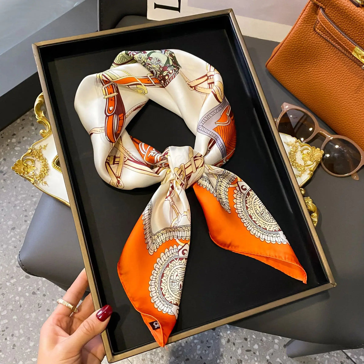 Chain Print Square Scarf with Decorative Border Designs